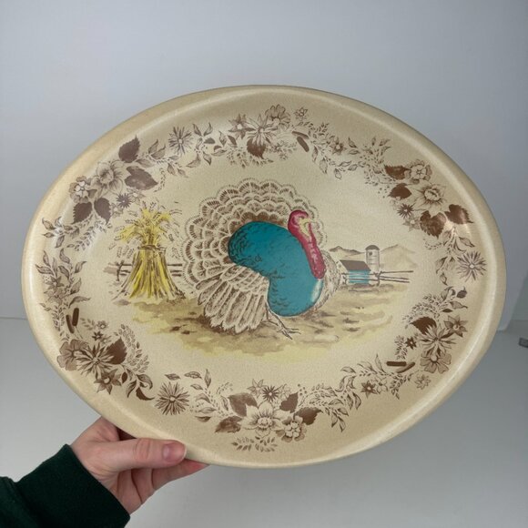 Vtg Oval Melamine Plastic Turkey Thanksgiving Platter Serving Tray Imagery 15in - Picture 1 of 13
